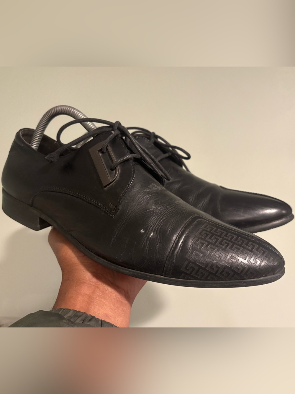 Versace Black Leather Lace-Up Derby Shoes with Patterned Toe